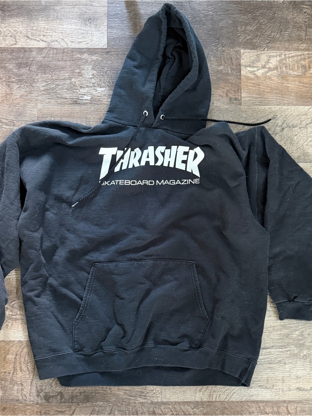 Thrasher Black Pullover Hoodie with White Logo Size XL - Fits Like L